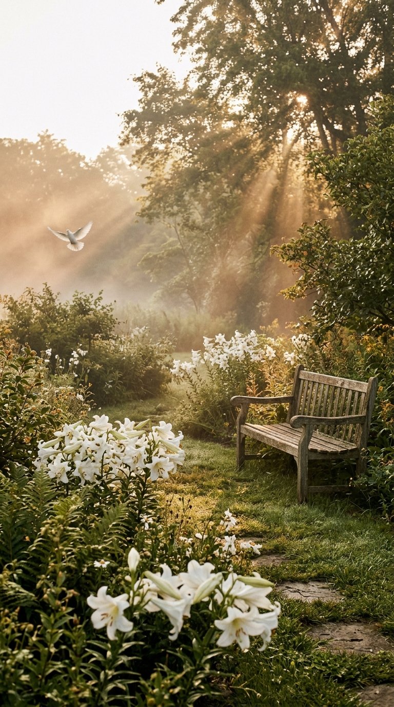 Condolence messages for loss of mother — tranquil garden with dove