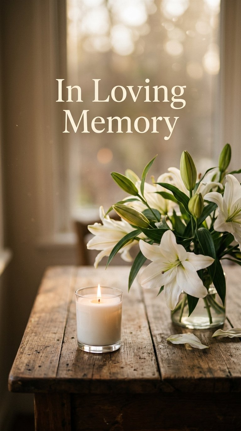 In Loving Memory — lit candle beside white lilies