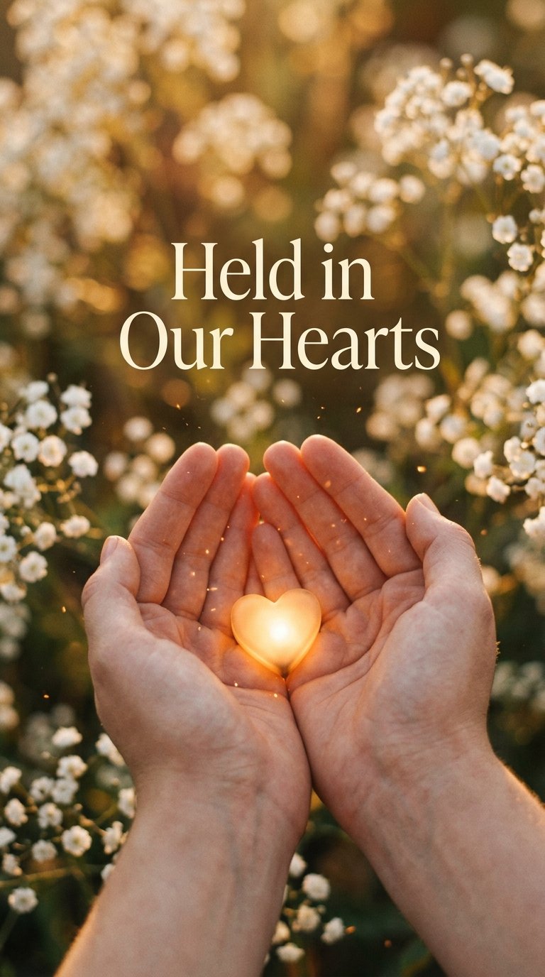 Held in Our Hearts — hands cupping glowing heart light