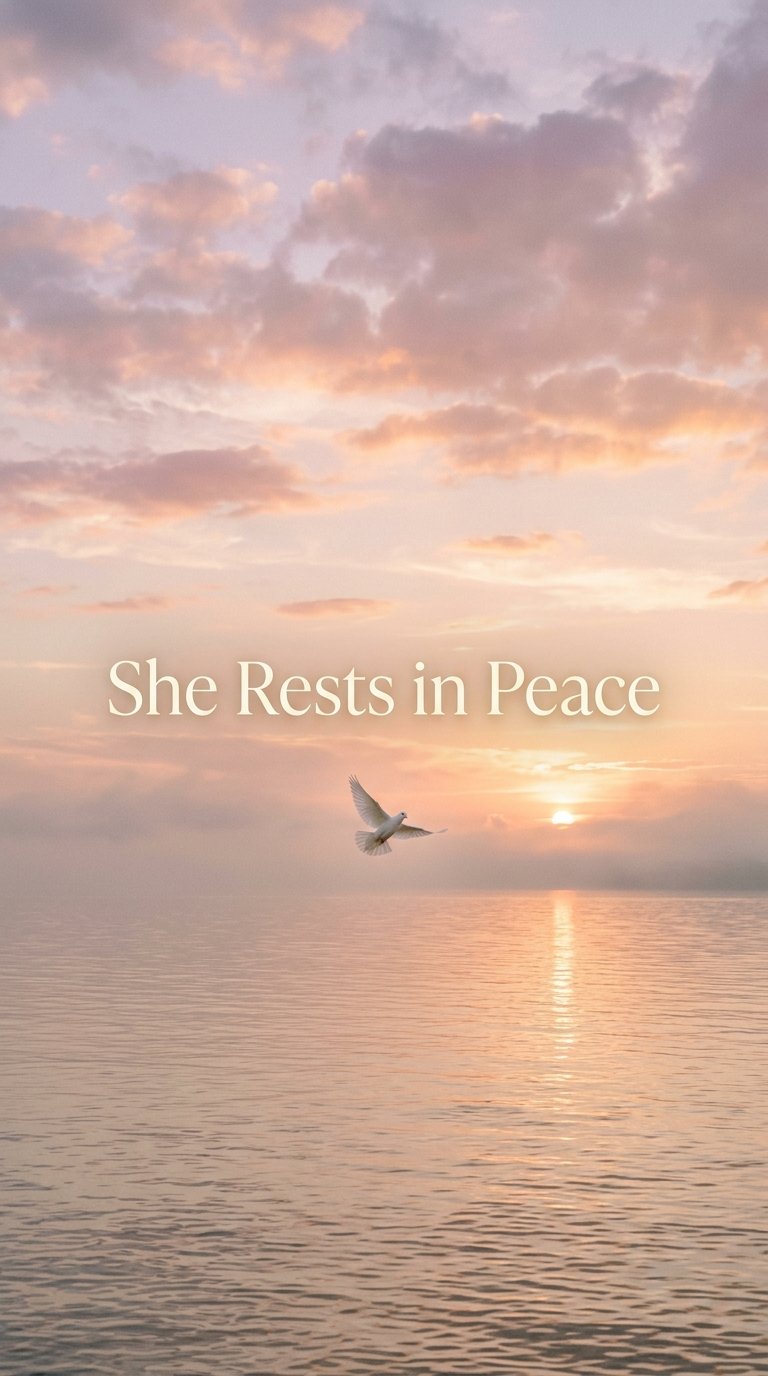 She Rests in Peace — sunset over water with dove