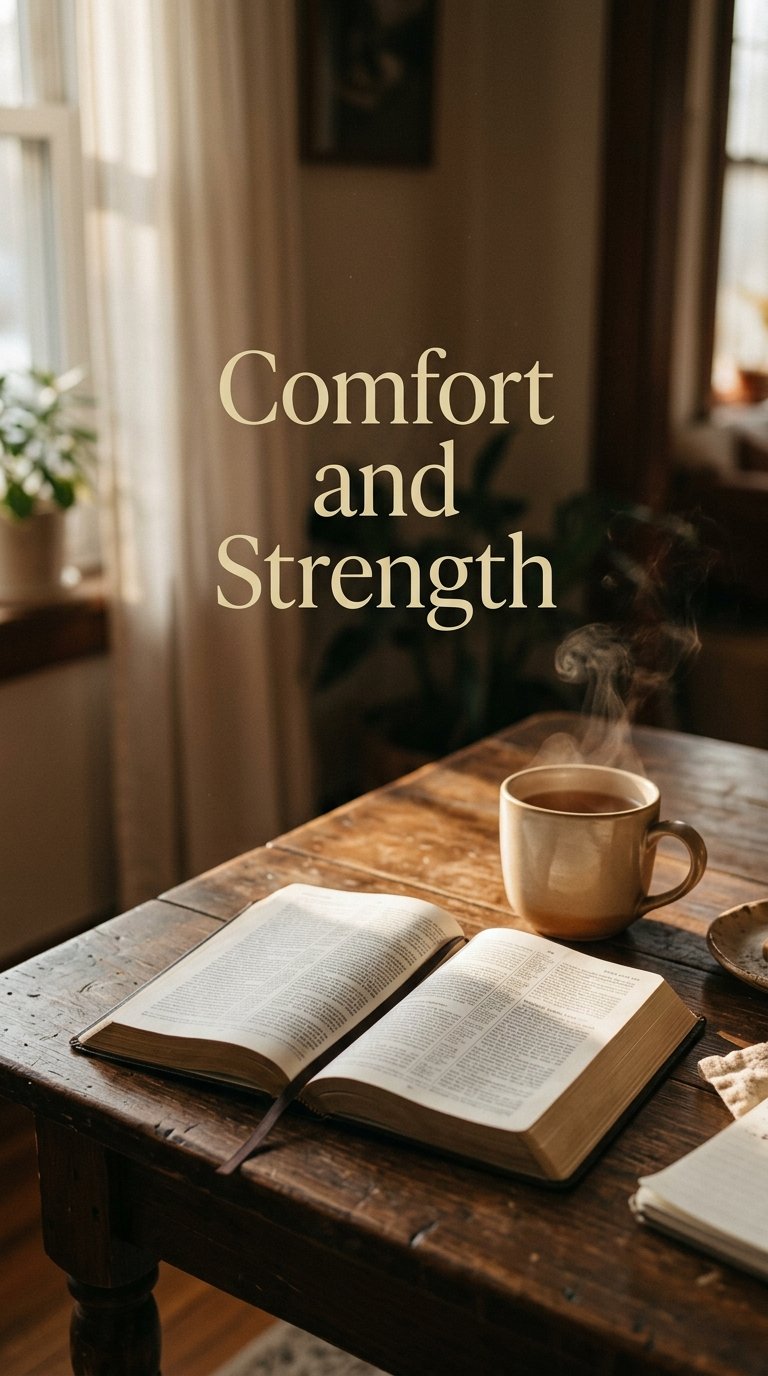 Comfort and Strength — open Bible beside cup of tea