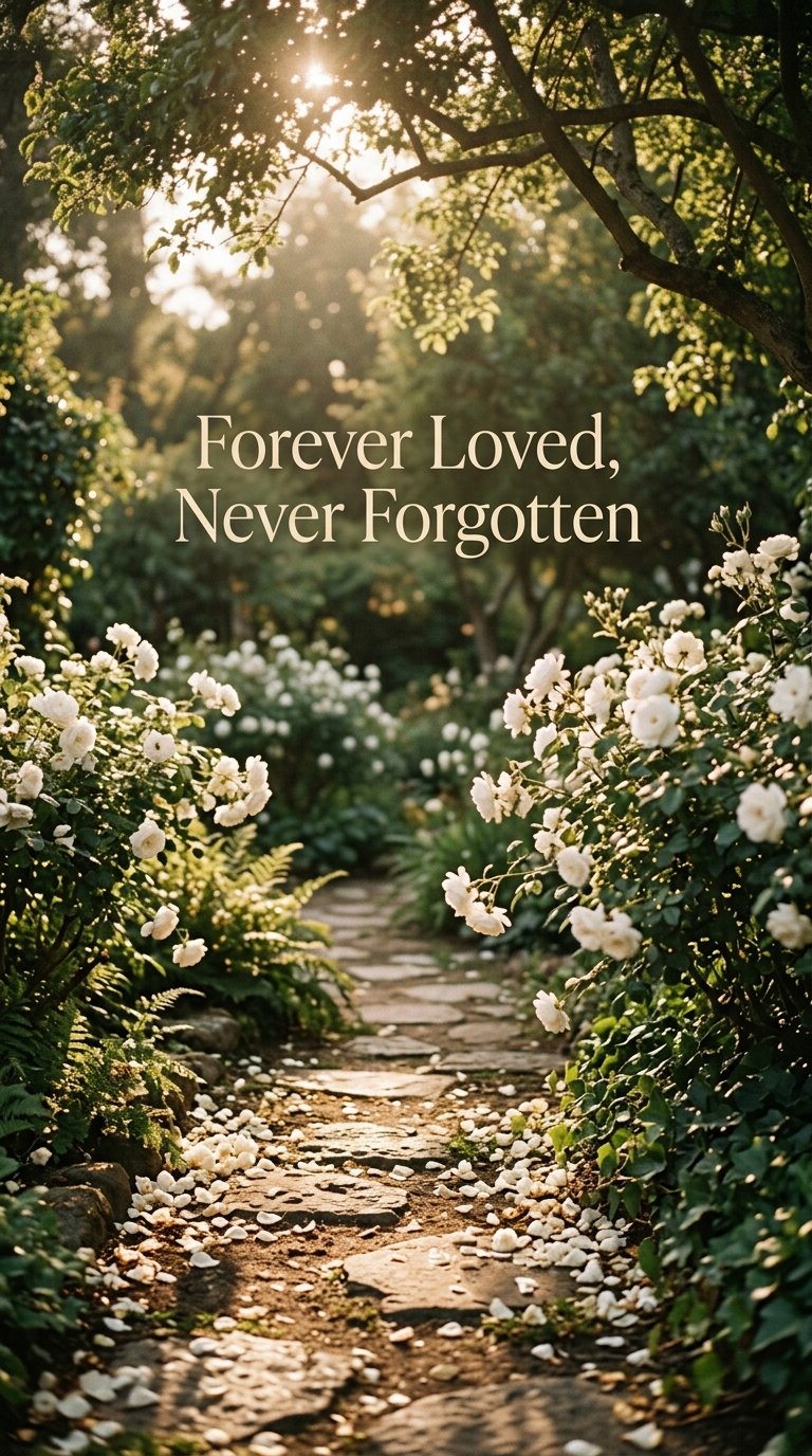 Forever Loved Never Forgotten — white roses on garden path