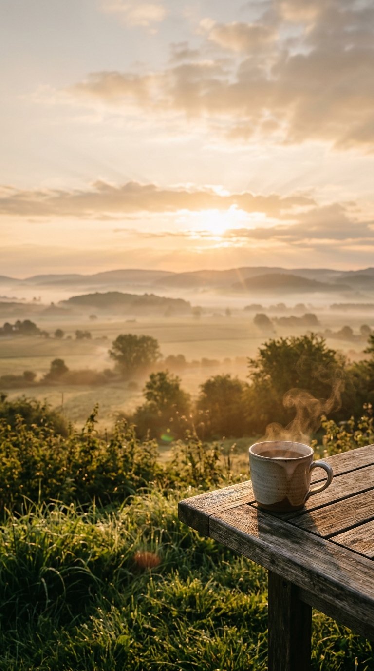 Good morning blessings — sunrise over peaceful landscape with coffee