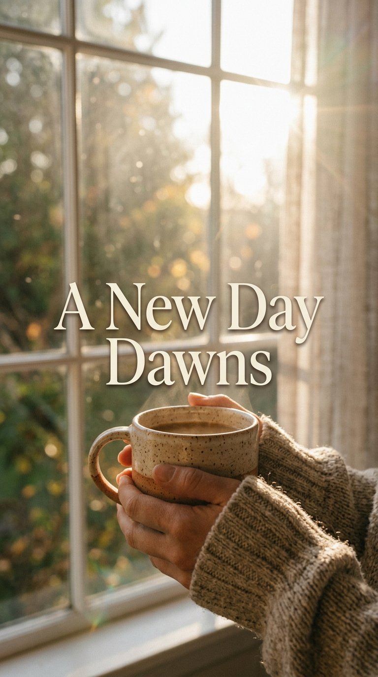 A New Day Dawns — hands holding coffee mug at bright window