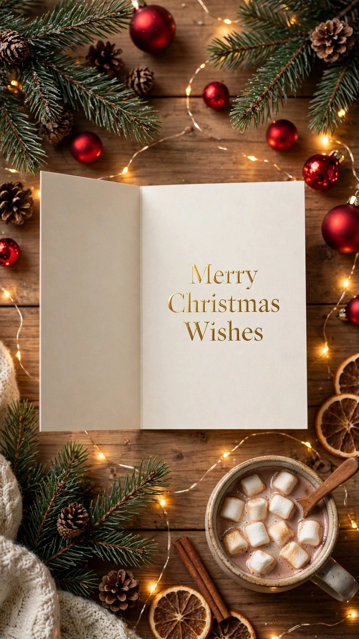 Open Christmas card with the words Merry Christmas Wishes beside hot cocoa, pine branches and red baubles