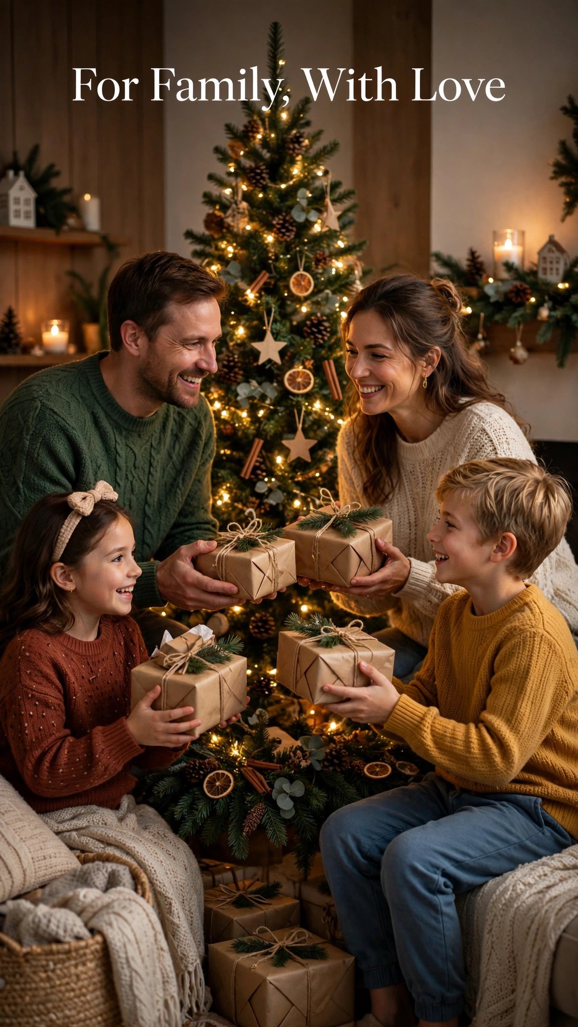 Happy family exchanging wrapped gifts around a Christmas tree - Christmas wishes for family with love