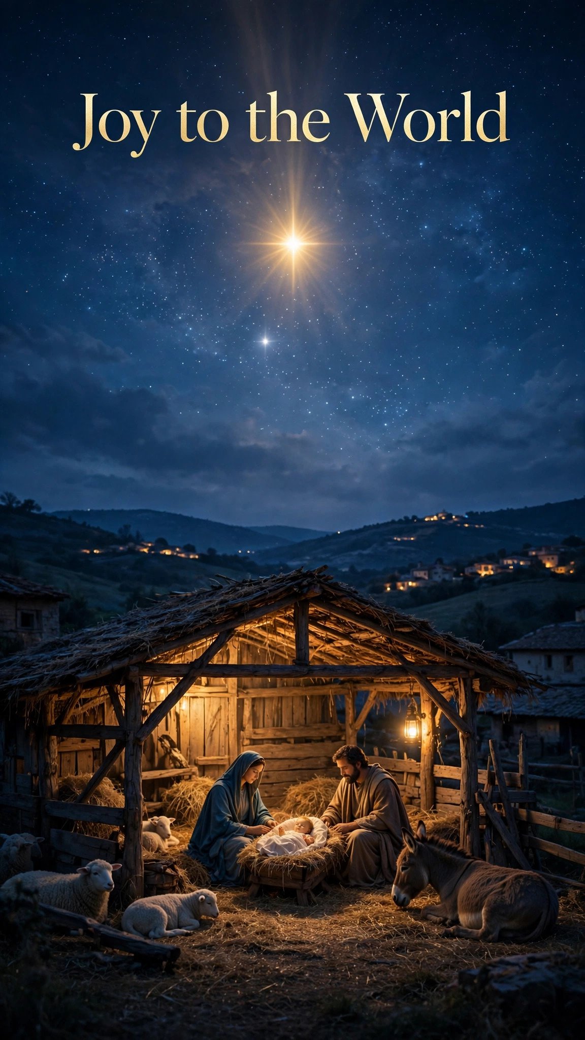 Nativity scene under the Star of Bethlehem with the words Joy to the World - Christian Christmas wishes and blessings