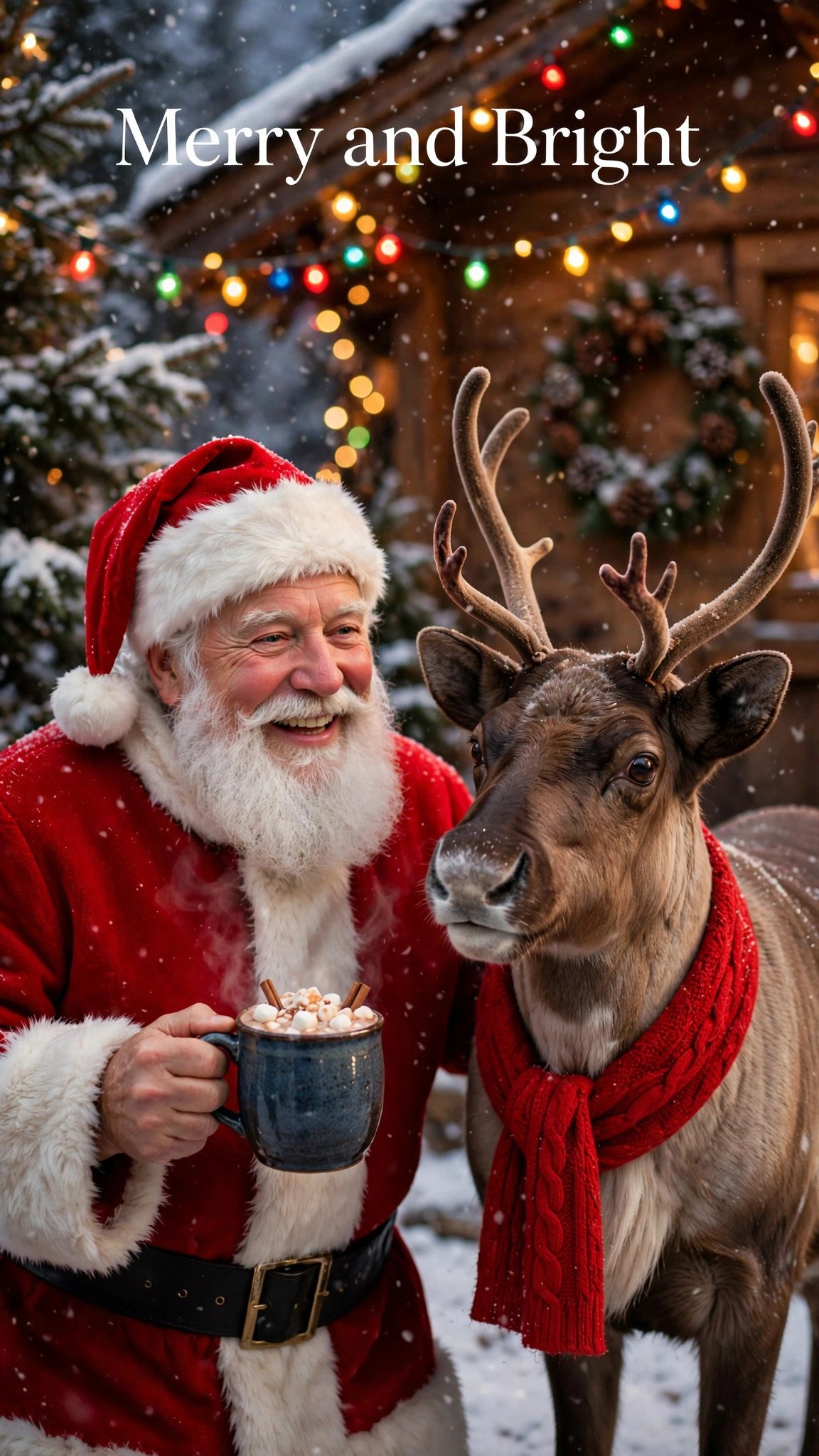Smiling Santa Claus holding hot chocolate beside a reindeer in falling snow - funny merry Christmas wishes