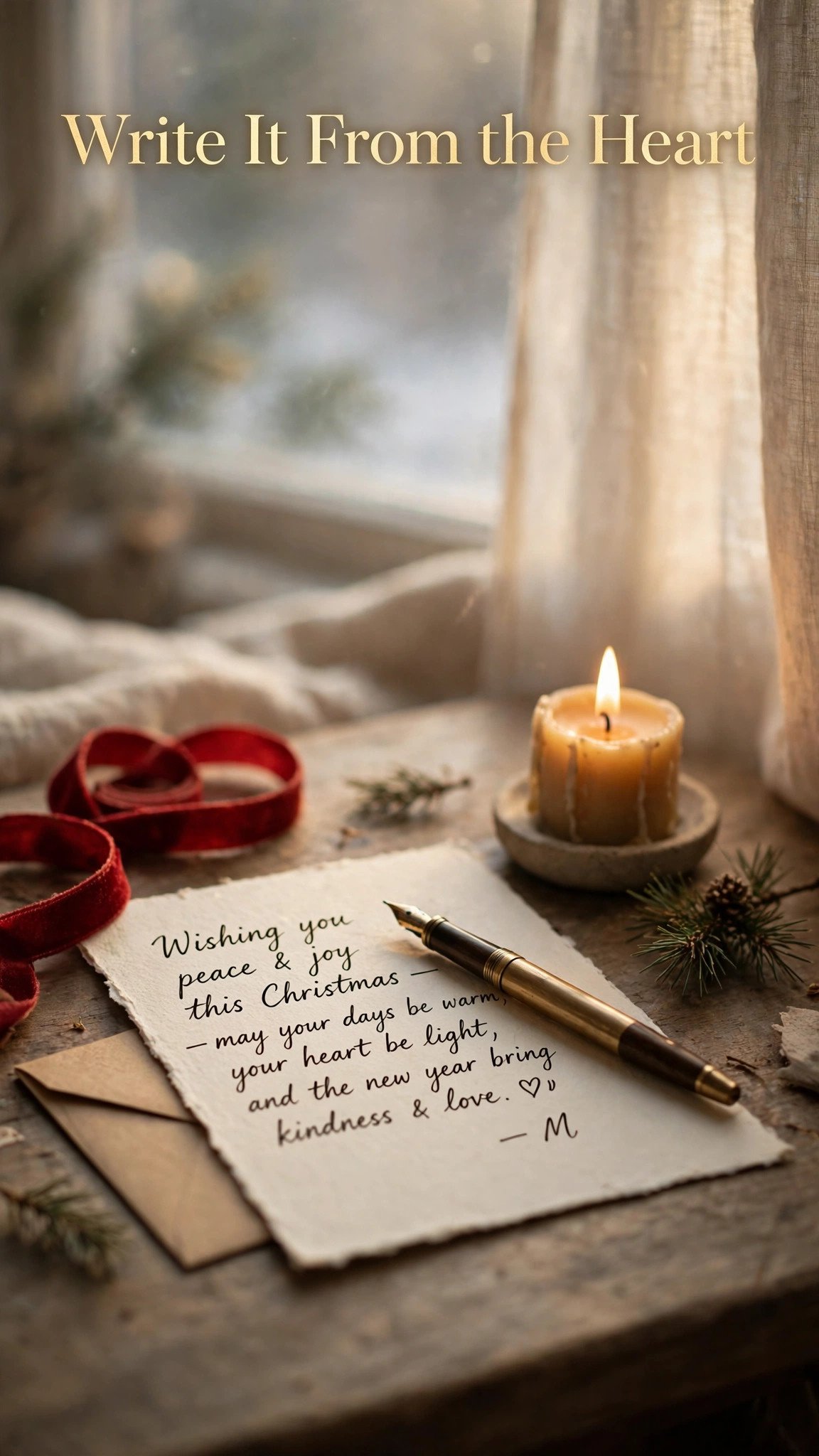 Handwritten Christmas card with a fountain pen and a lit candle - how to write a meaningful Christmas message
