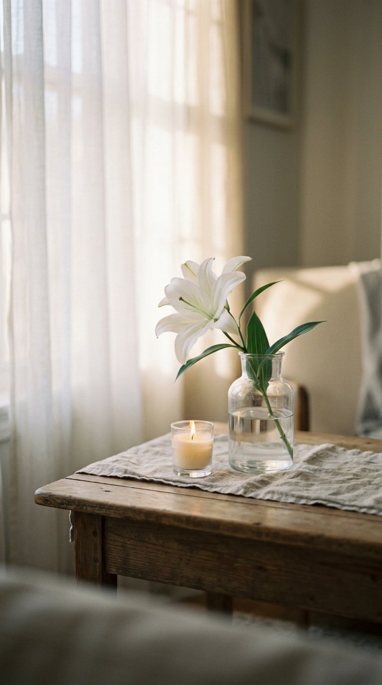Short sympathy messages — white lily and candle in soft morning light