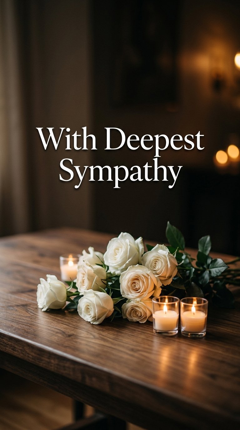 With Deepest Sympathy — white roses and candlelight