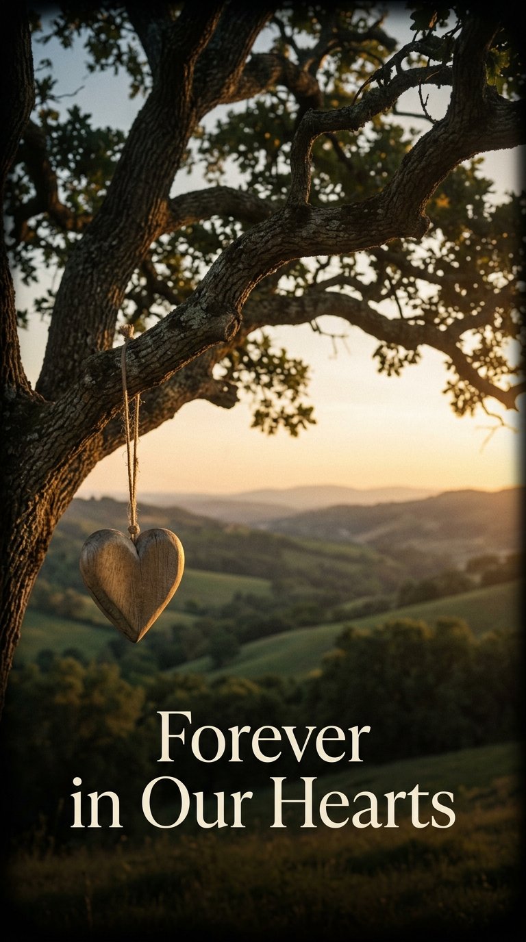 Forever in Our Hearts — old oak tree with wooden heart at dusk