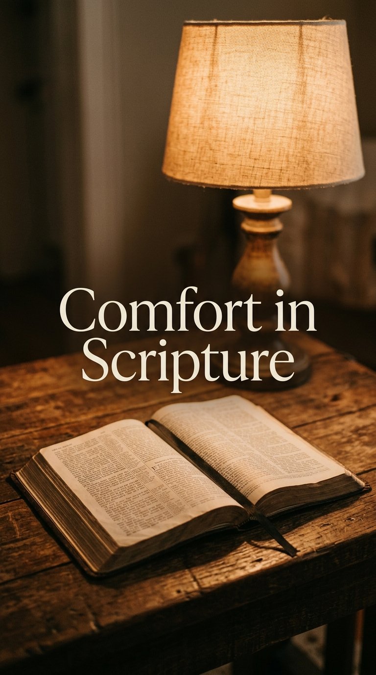 Comfort in Scripture — open Bible beside a glowing lamp