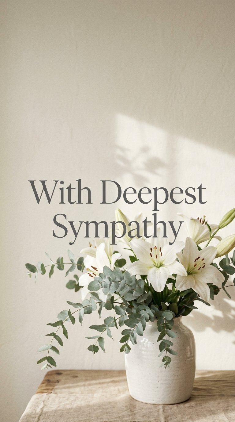 With Deepest Sympathy — white lilies in soft window light